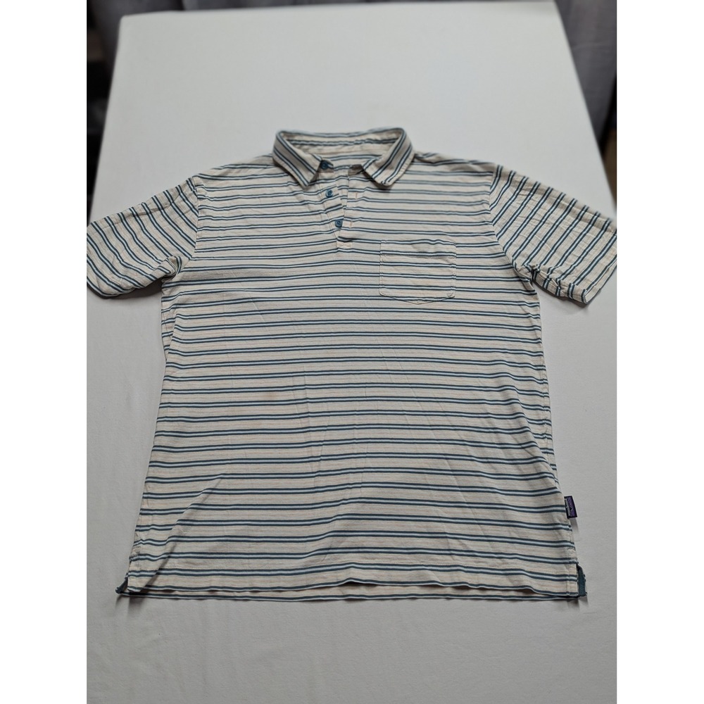 Patagonia Mens Short Sleeve Striped Polo Shirt Green Cream Orange Medium